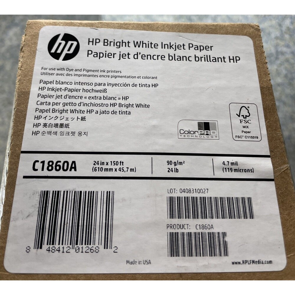 Roll 24"x150' 24lb HP Bright White Inkjet Paper ColorPro Technology Dye&Pigment